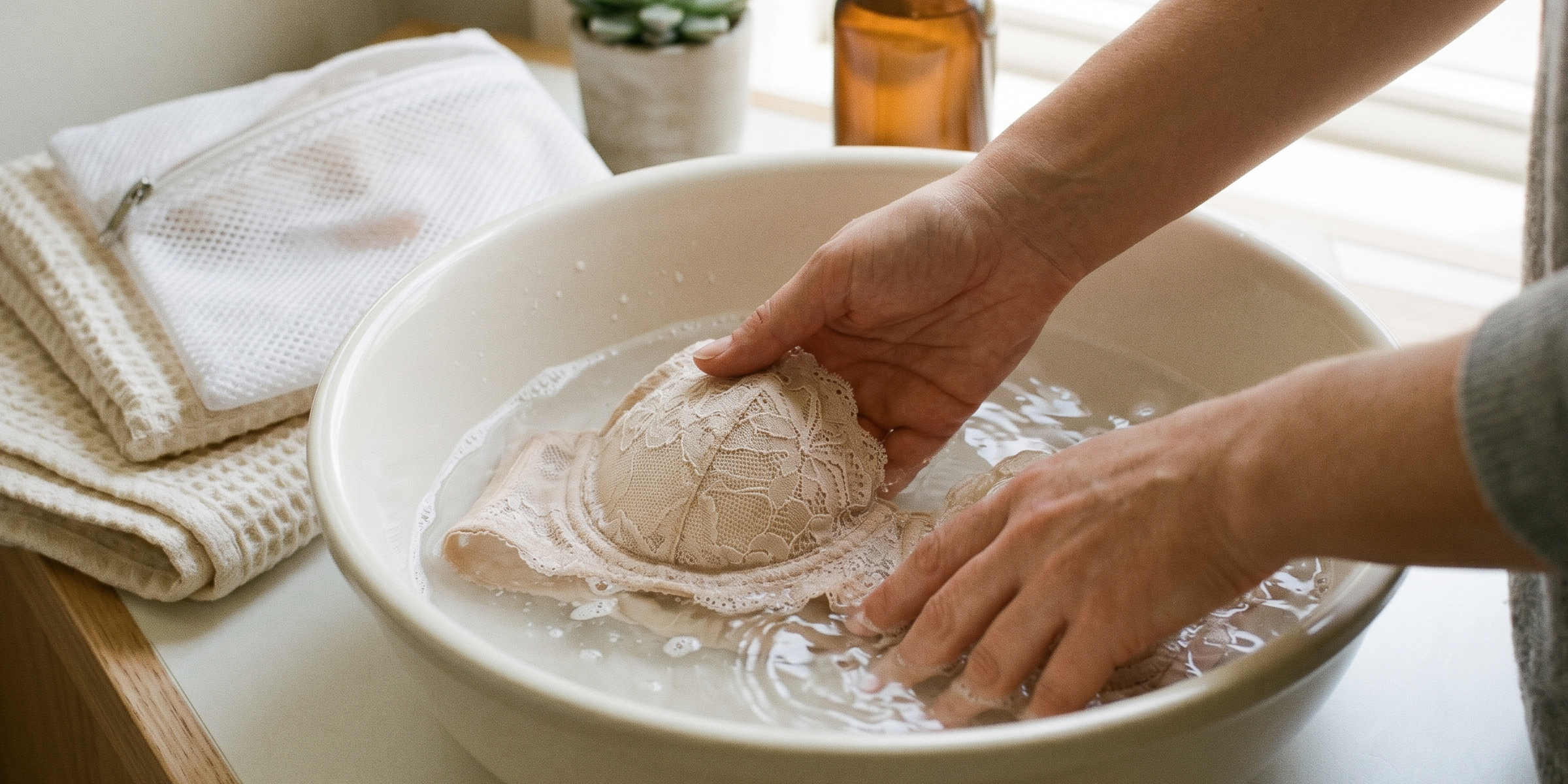 Hands gently washing a lace bra in a basin of water