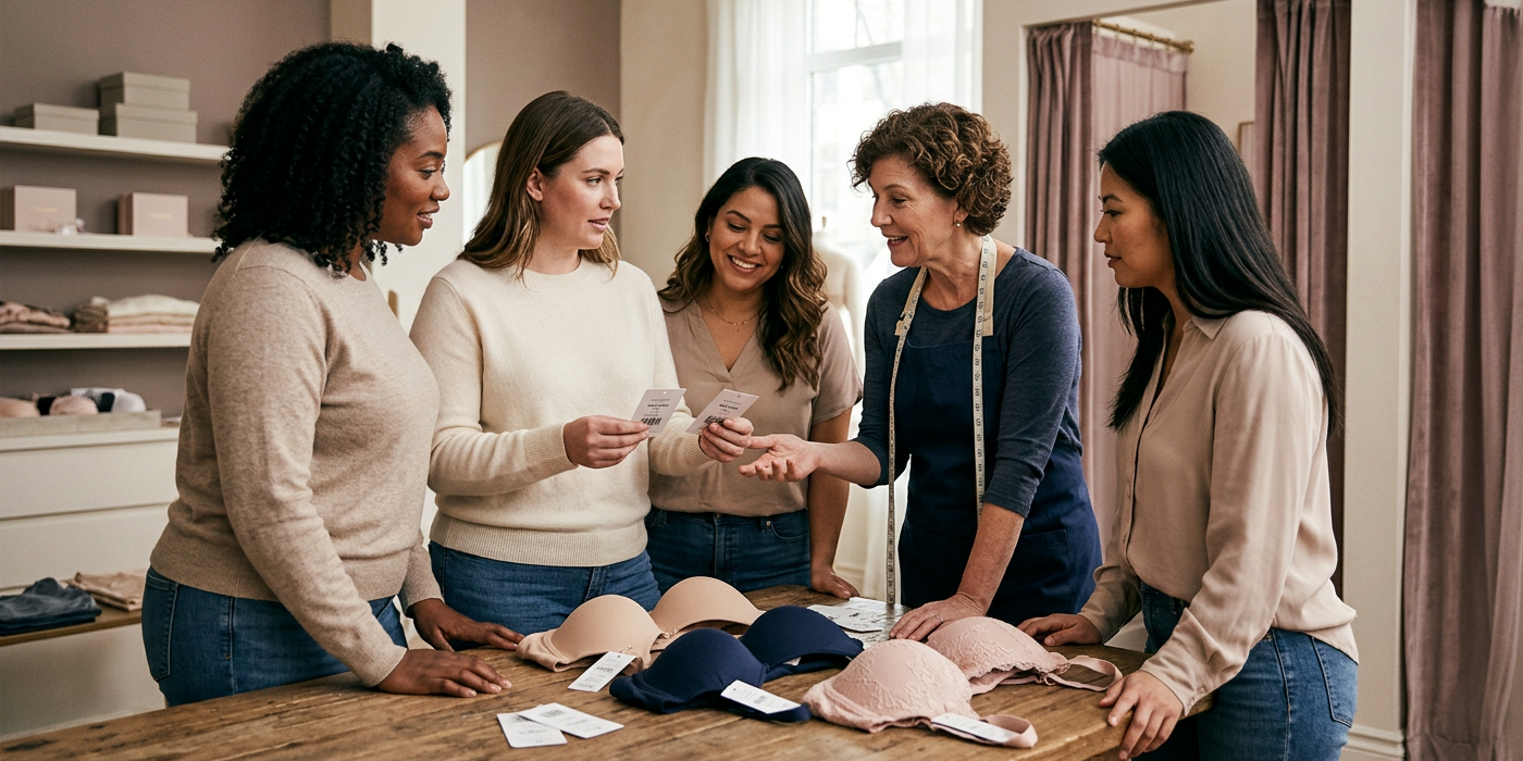 Fitter explains sister sizing with bras and size cards on a boutique table