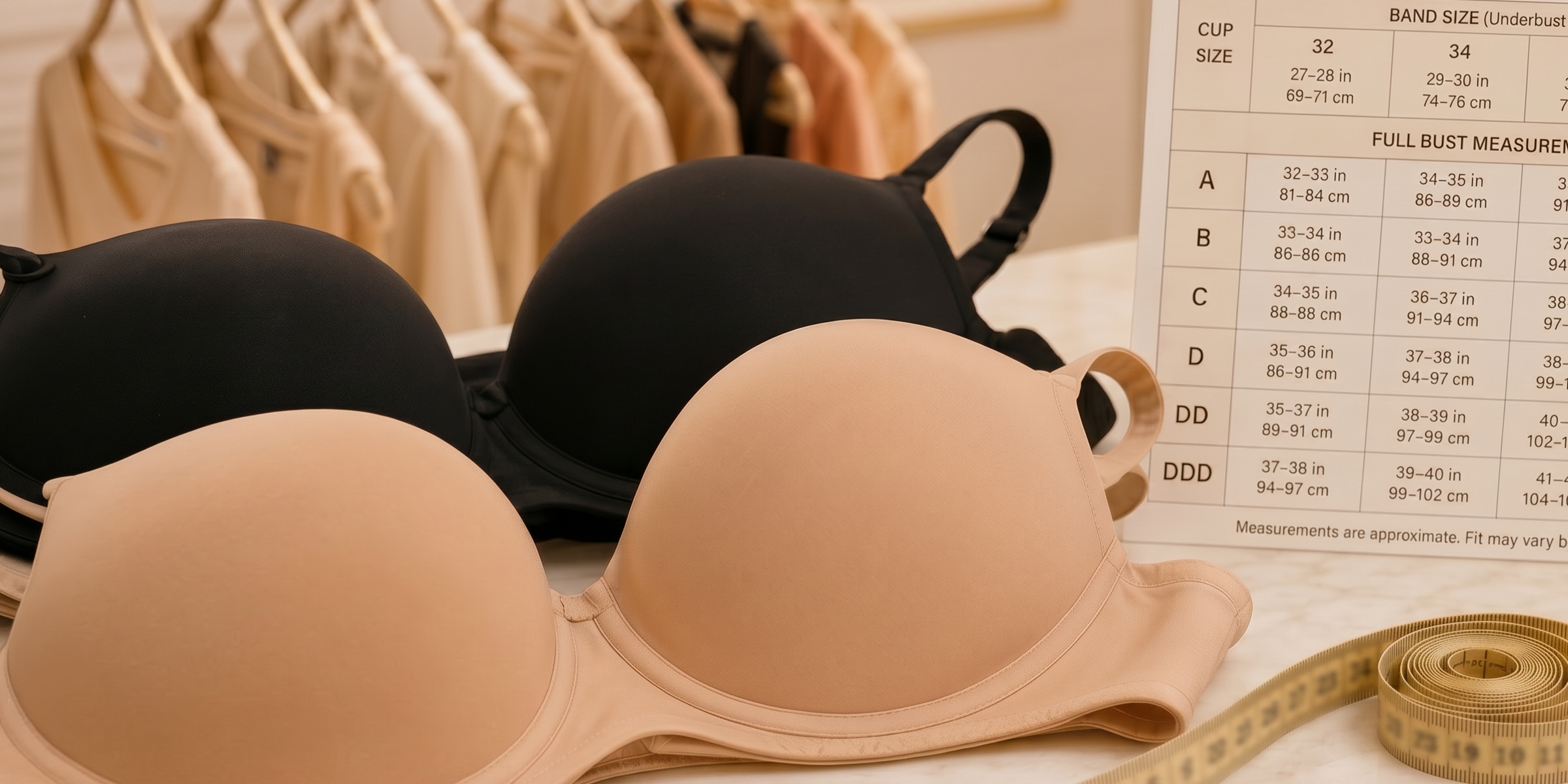 Bra sizing chart on a tabletop beside bras and a measuring tape, showing band sizes and full bust measurements for bra fitting