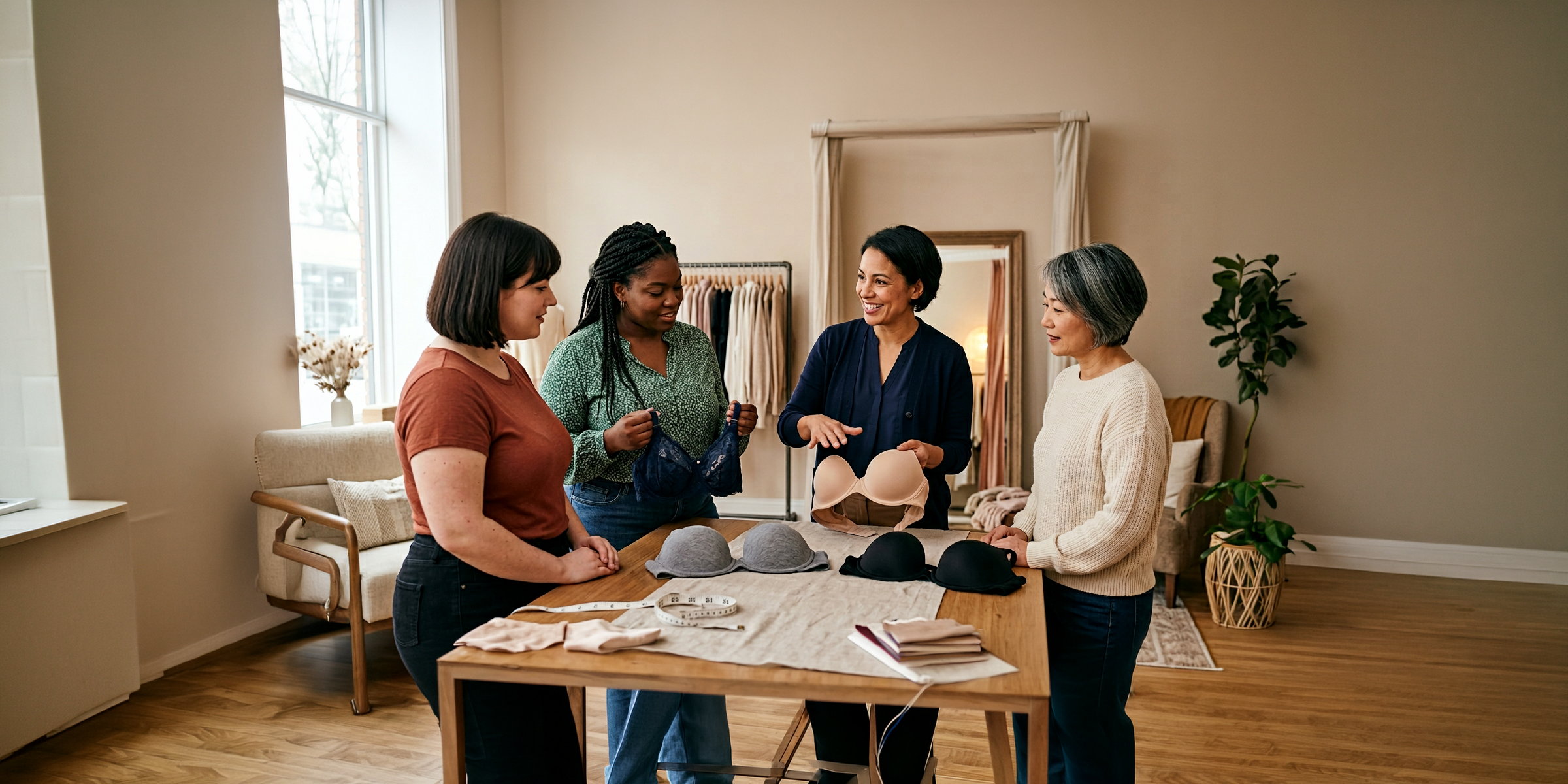 Boutique bra fitting consultation with women comparing several molded and seamed bra styles on a table