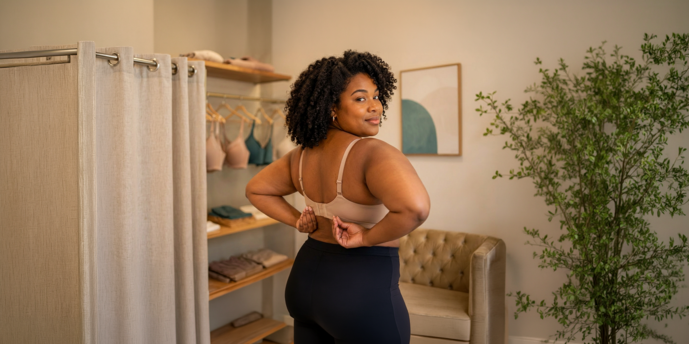 Woman adjusting the back band of a beige bra in a warm boutique fitting room.