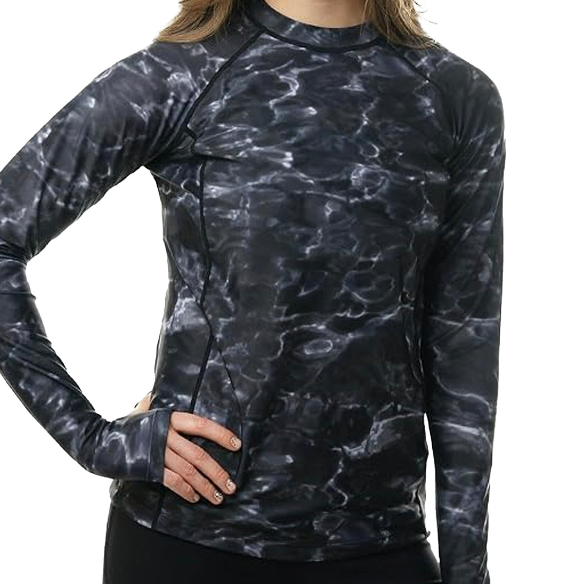 Aqua Design Womens UPF 50+ Rash Guard Long Sleeve Shirt Black Waters Front
