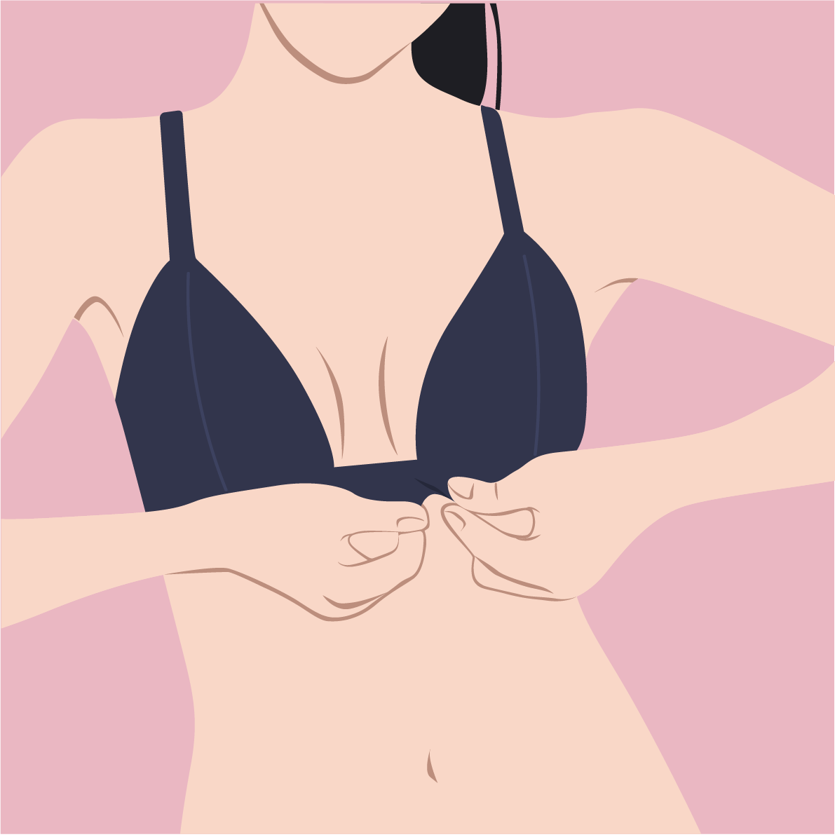 A stylized illustration of a woman wearing a dark navy triangle bra and adjusting the band, set against a solid pink background.