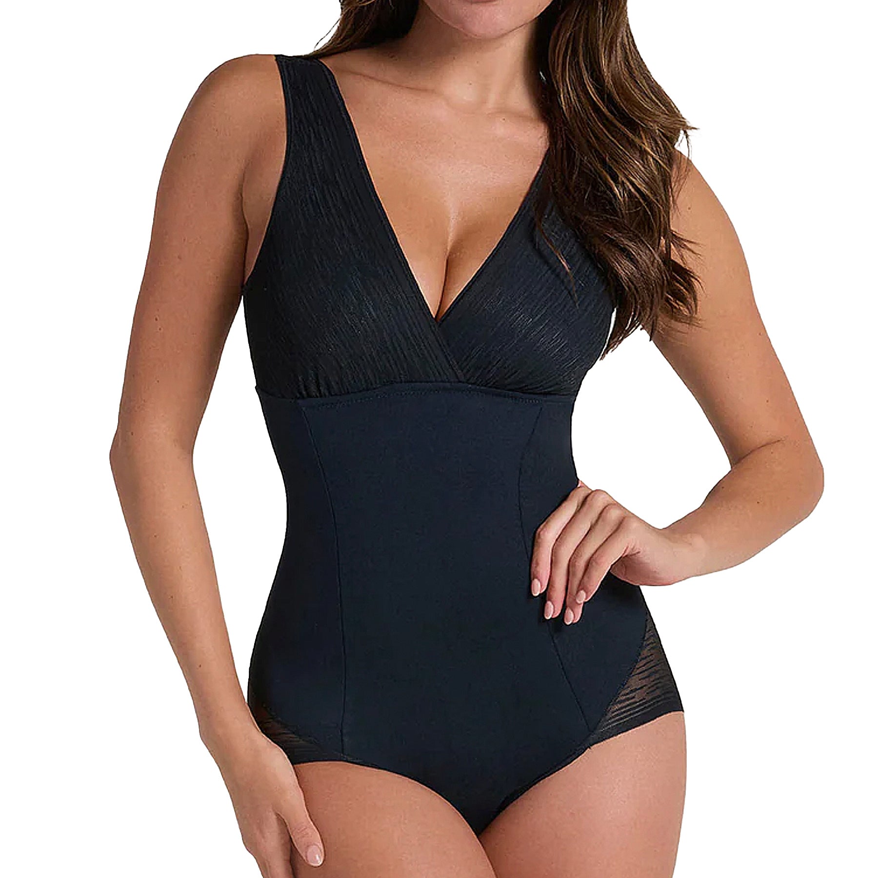 Leonisa Sheer Stripe Detail Sculpting Bodysuit 018517 Black Front