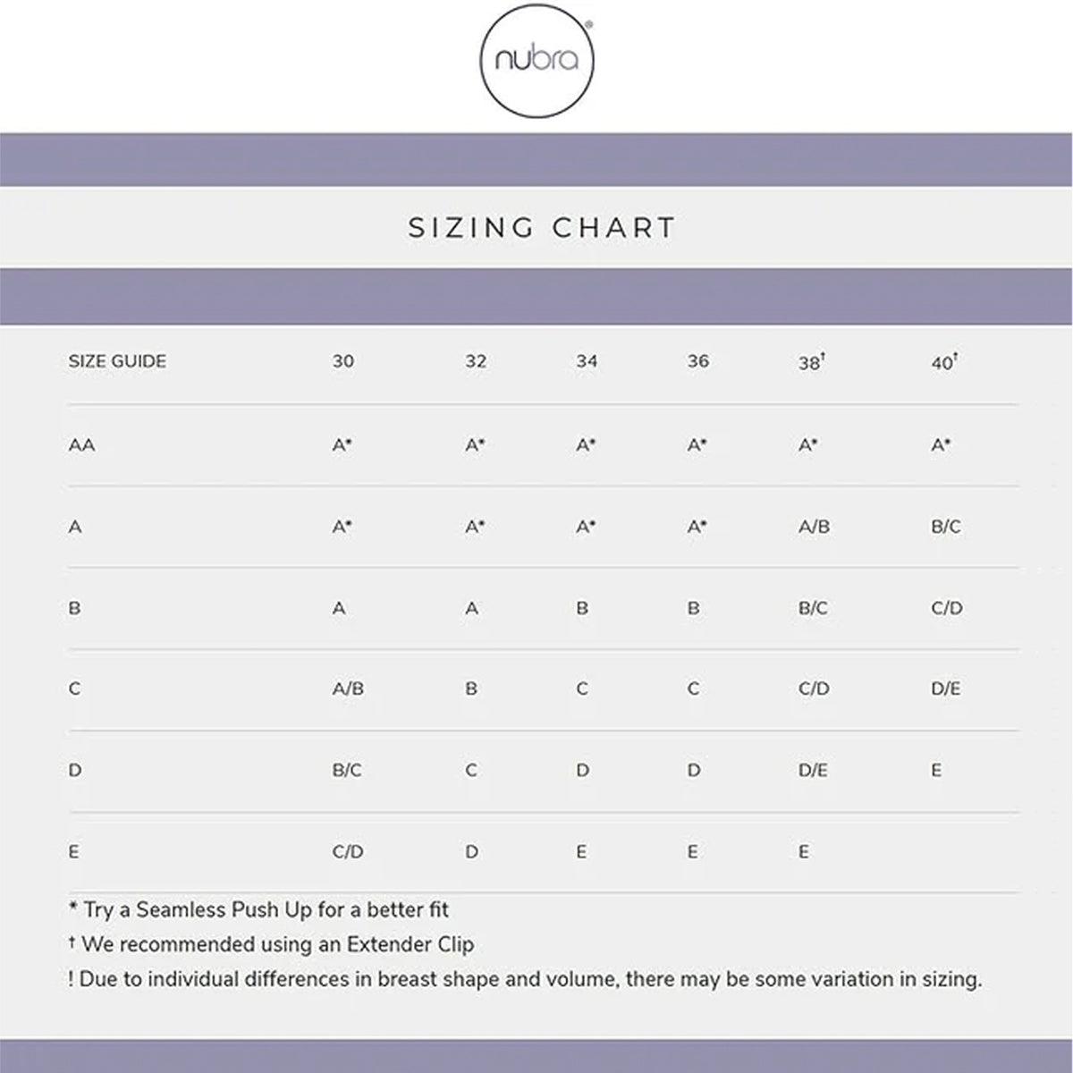 NuBra Feather Lite Adhesive Bra F700 Black Fair Size Chart