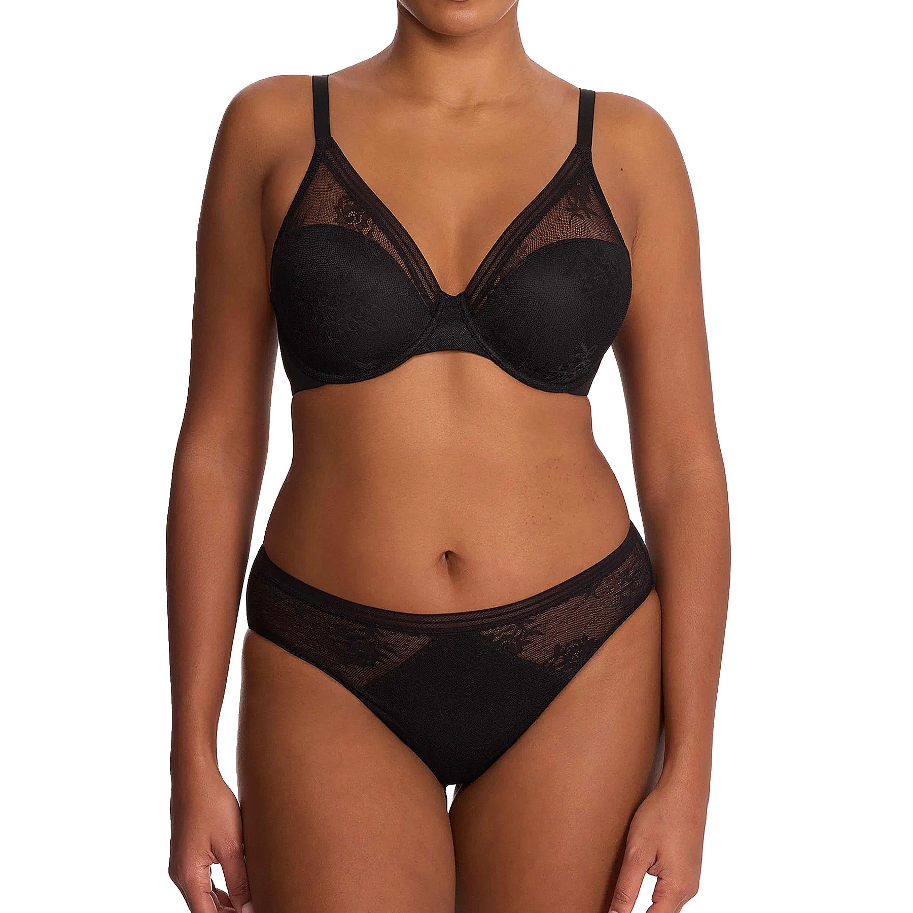 Natori Love Lace Full Coverage Plunge T-Shirt Bra 731351 Black Set