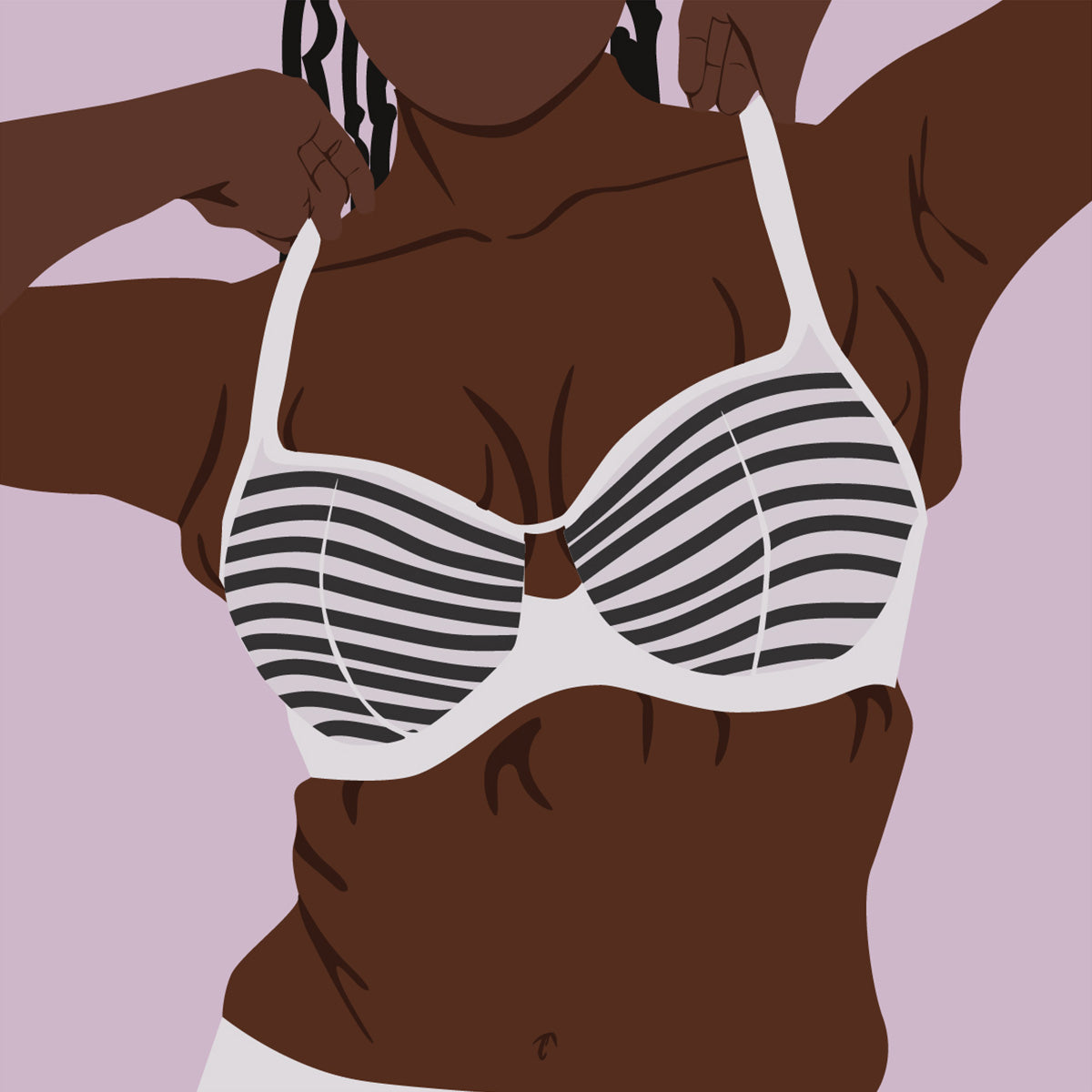 A stylized illustration of a woman wearing a white bikini with black horizontal stripes, shown from the shoulders to the lower torso against a solid light purple background.