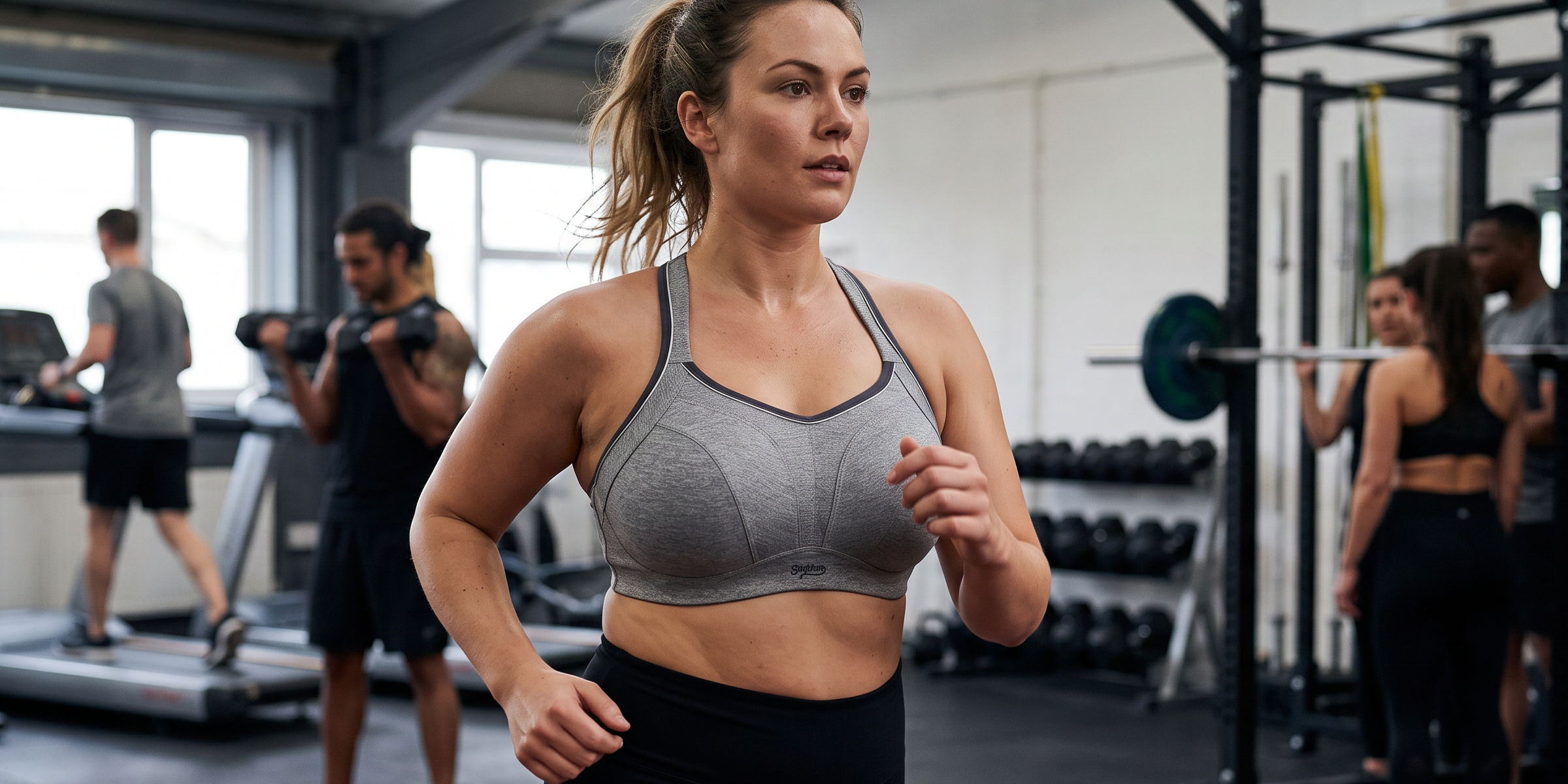 Woman jogging in a gray sports bra during a workout in a busy gym