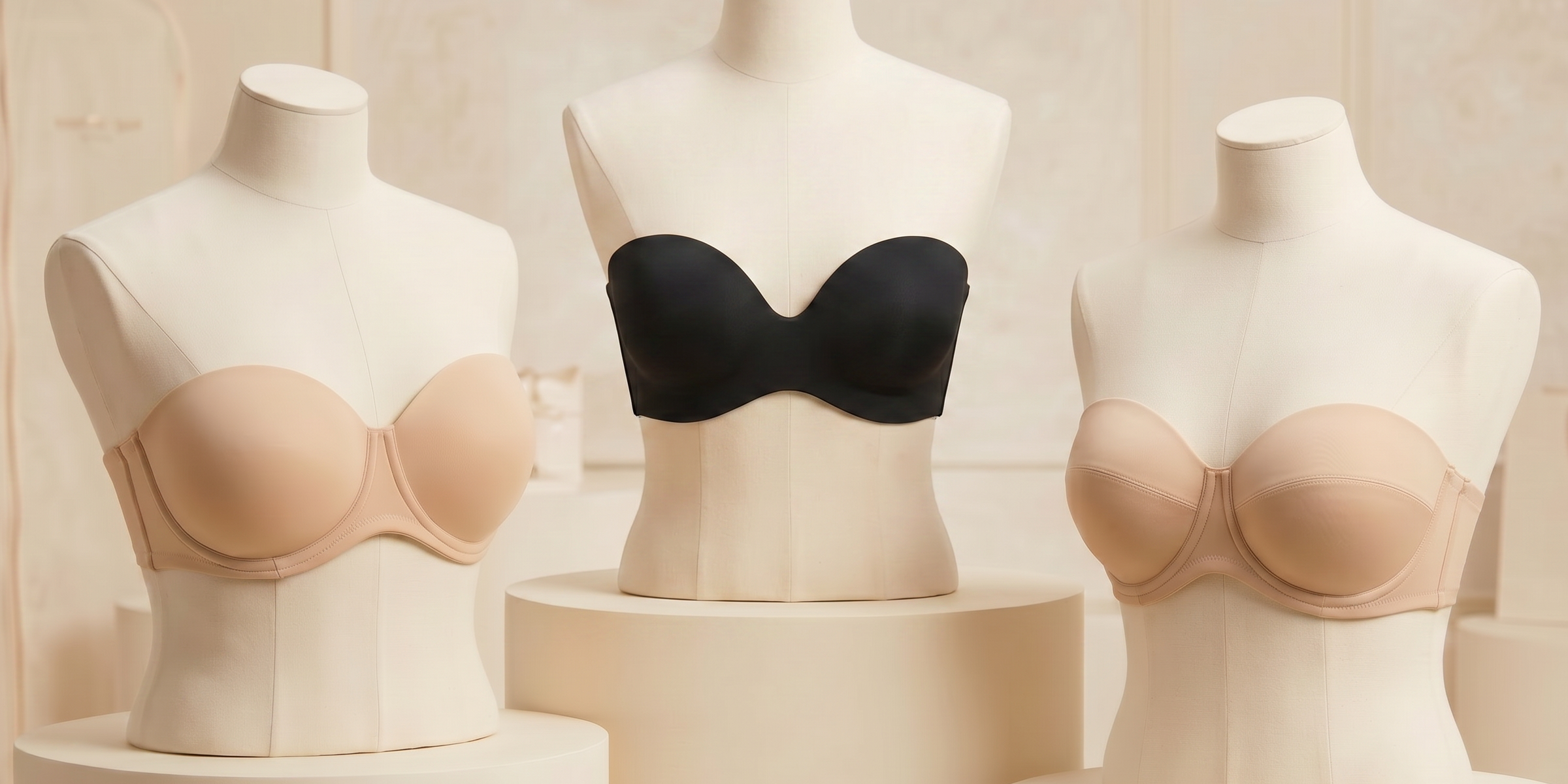 Three dress forms display different strapless bras in a cream boutique setting.