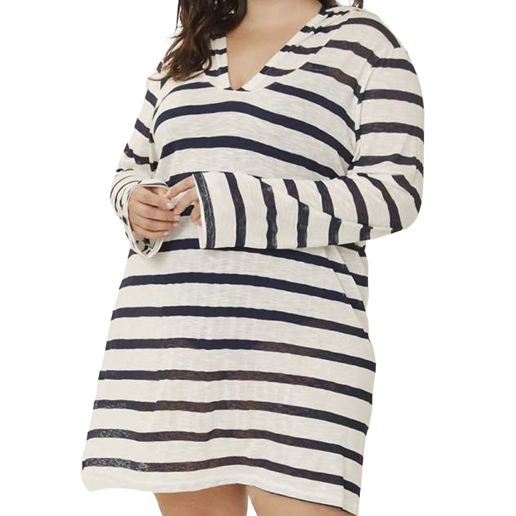 Cover Me Hooded Long Sleeve Stripe Cover Up Black White Front