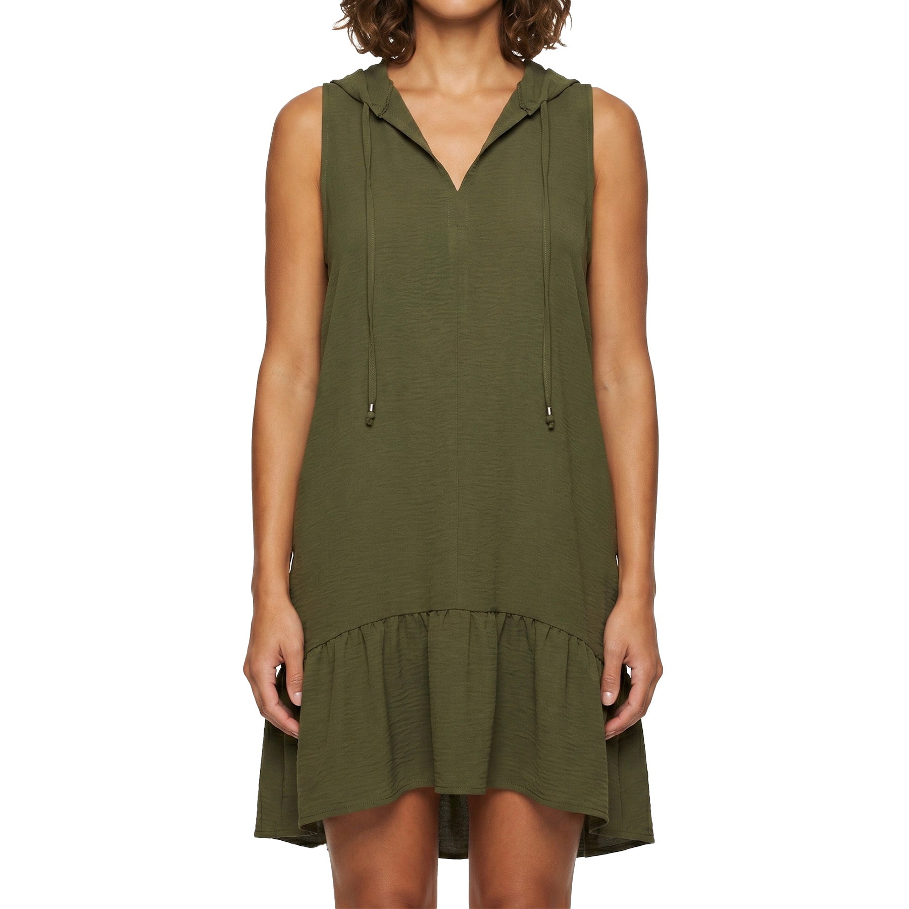 Cover Me Sleeveless Hooded Cover Up with Ruffle Hem 24052582 Khaki Front
