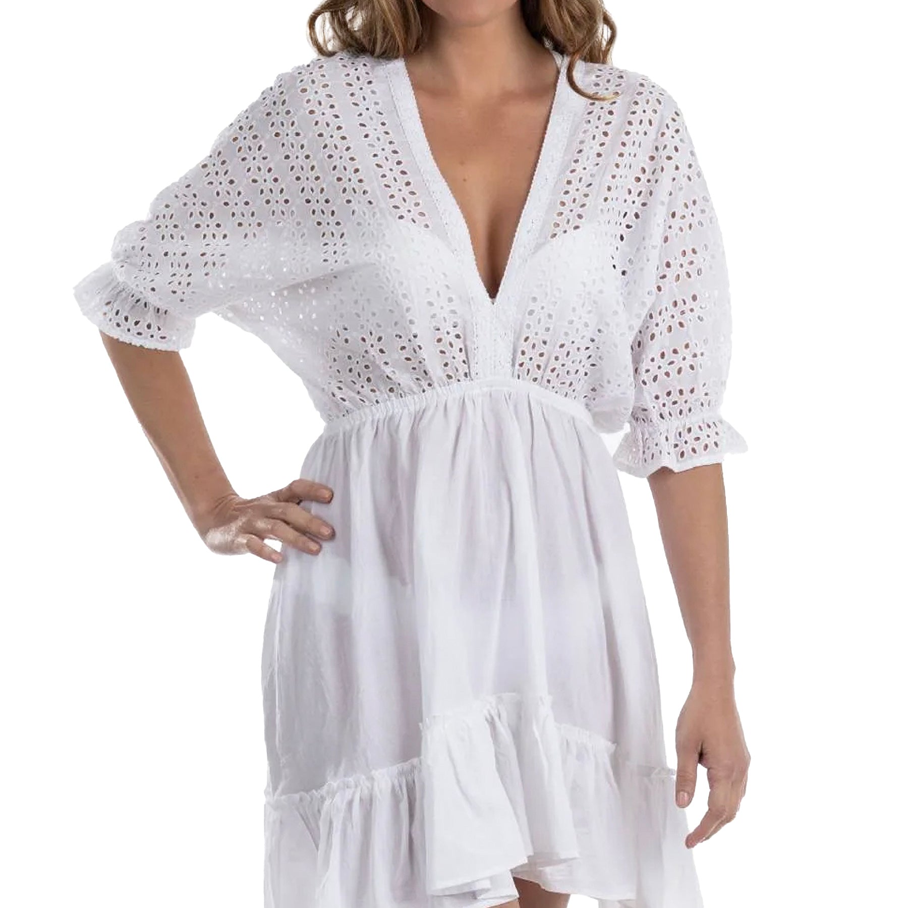 Dotti Cover Me Eyelet Vneck Dress 85133 White Front Details