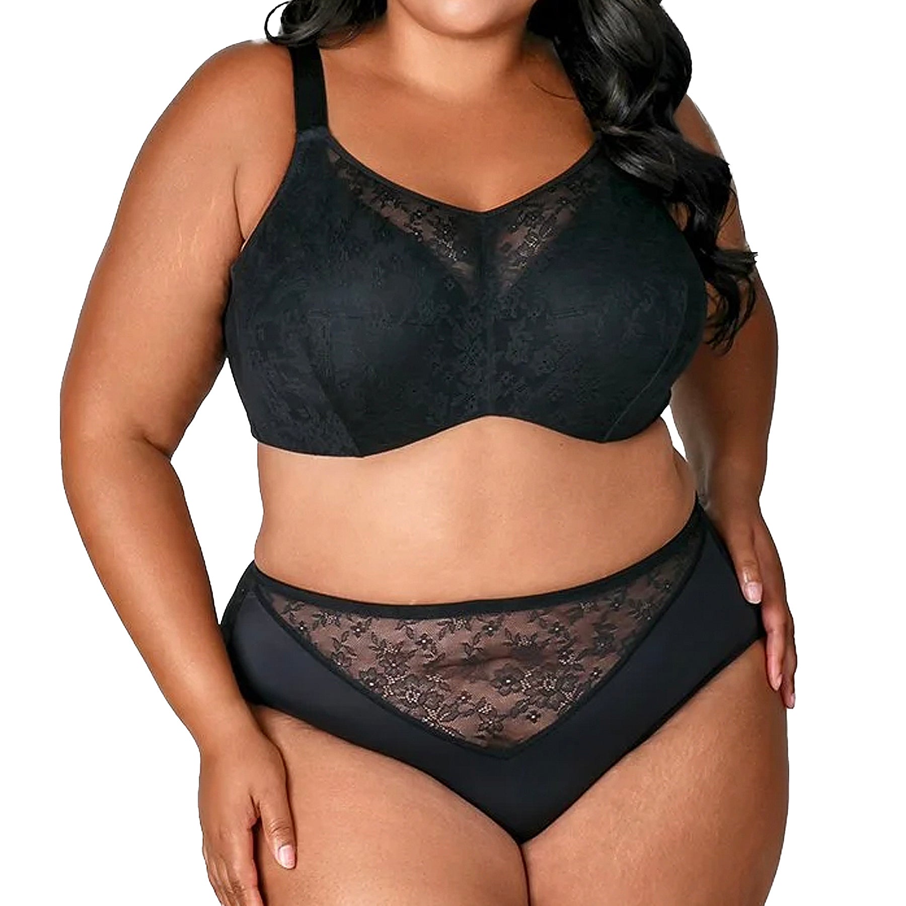 Elila Floral Stretch Lace Overlay Microfiber Underwire Bra 2101 Black Set