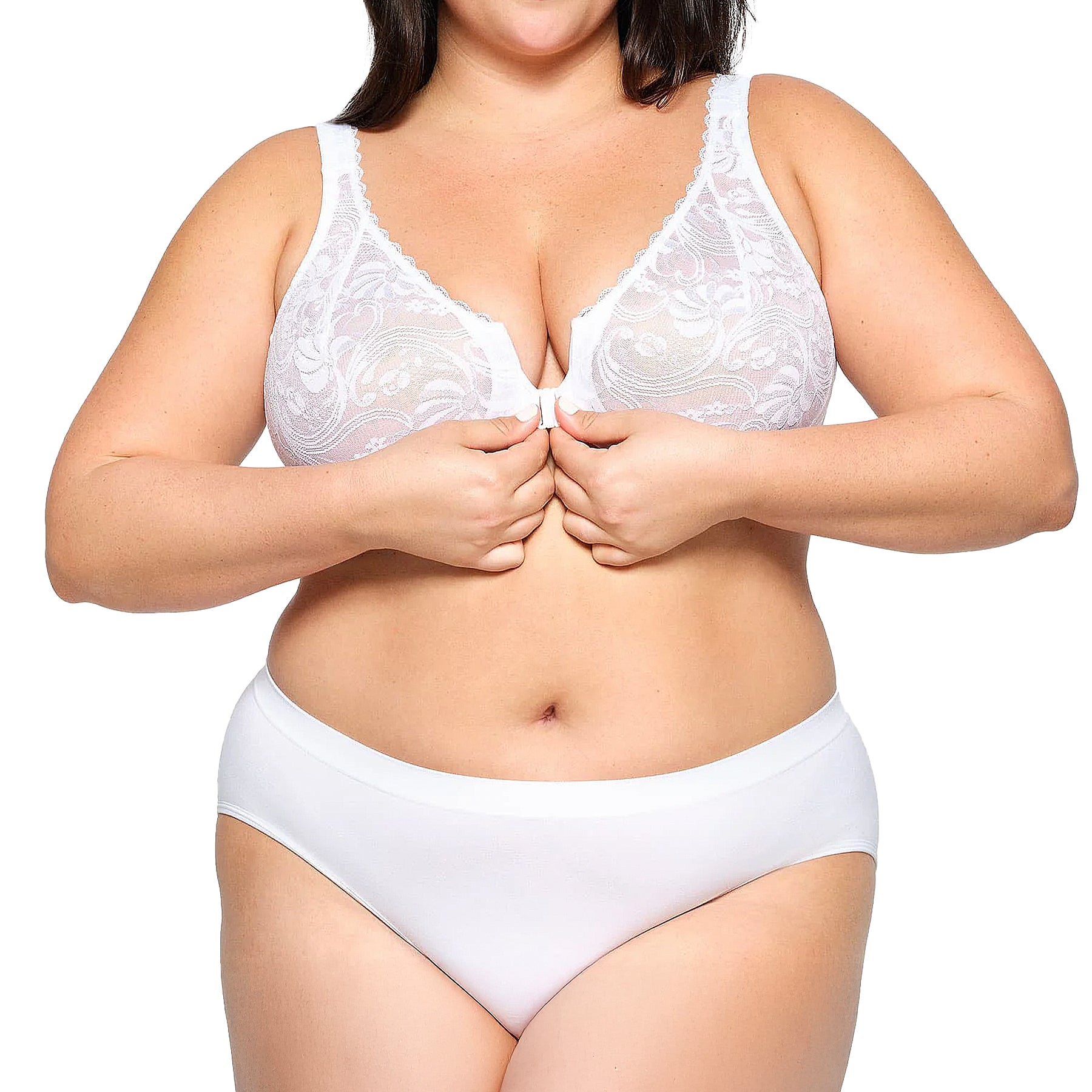 Glamorise Front-Closure Stretch Lace WonderWire Bra 9245 White Set