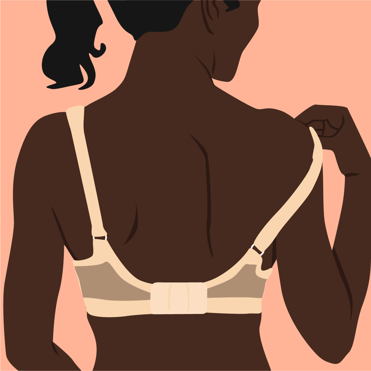 An illustrated woman shown from the back wearing a beige underwire bra with wide shoulder straps and a center support band, against a peach background.