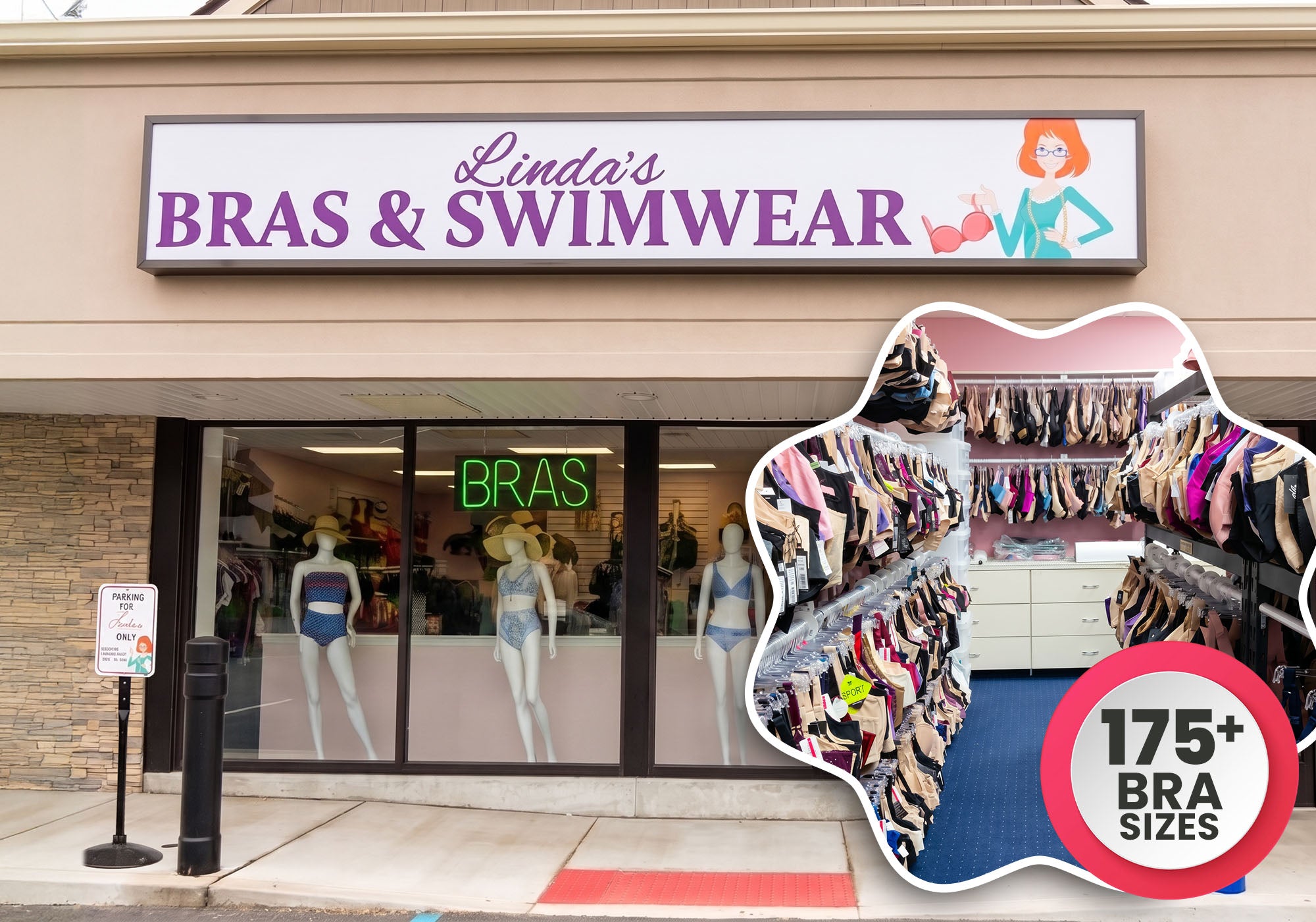 Linda’s Bra Salon storefront in Cherry Hill with an inset of bra displays and a 175+ bra sizes badge