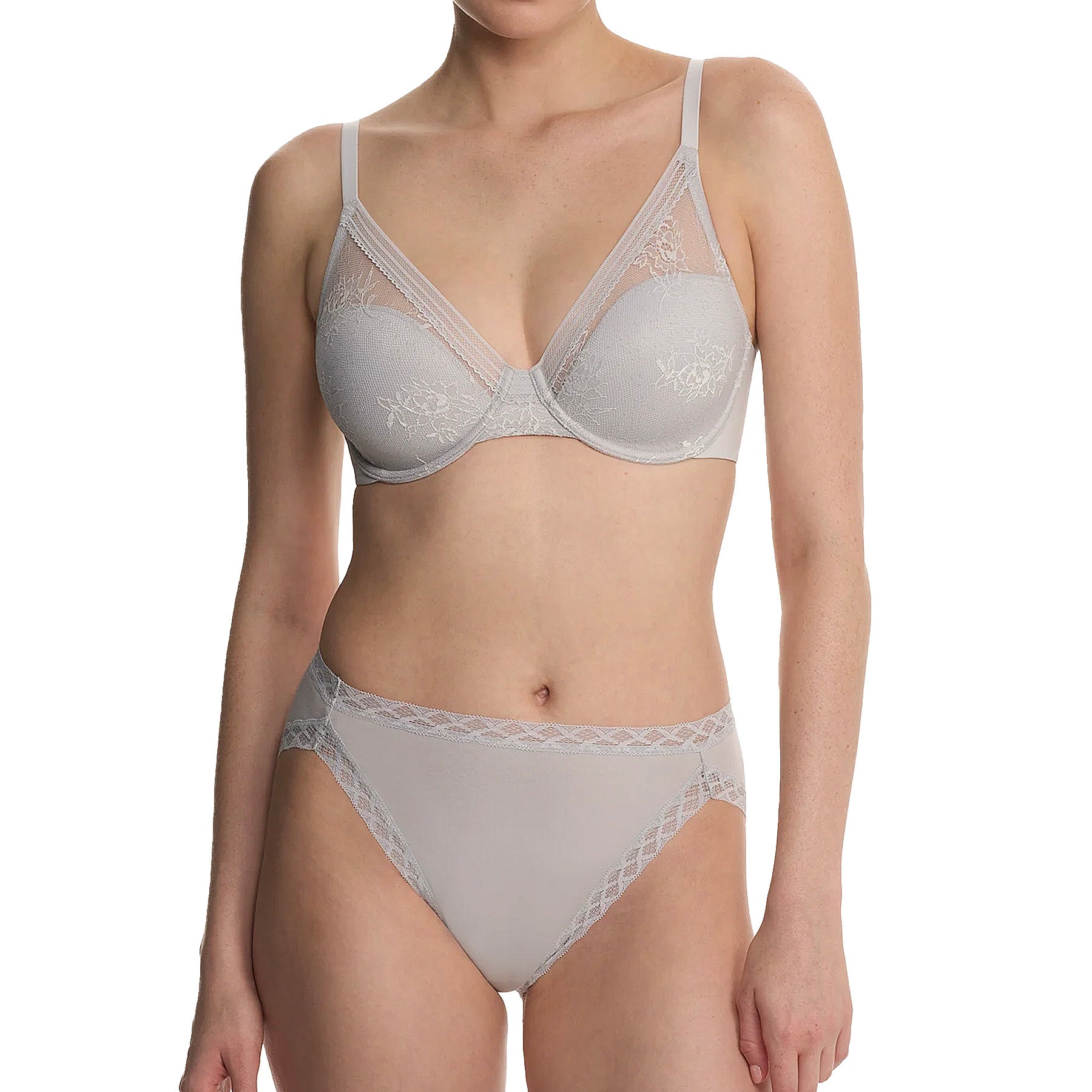Natori Love Lace Full Coverage Plunge T-Shirt Bra 731351 Mink Warm White Set