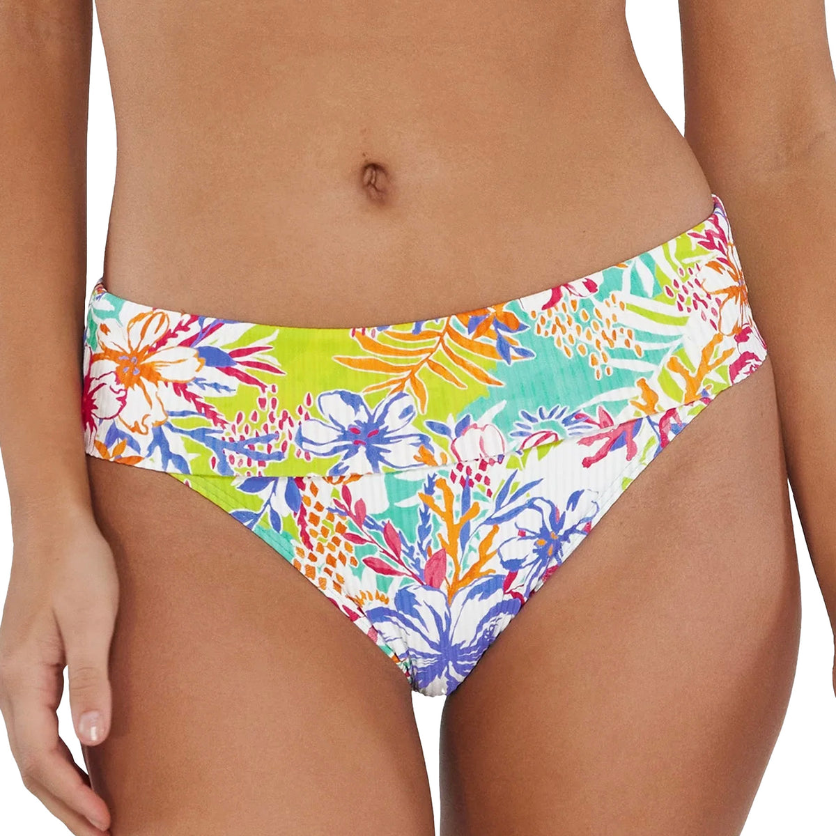 Sunsets Hannah High Waist Bikini Bottom 33B Botanical Bliss Sandbar Rib Folded