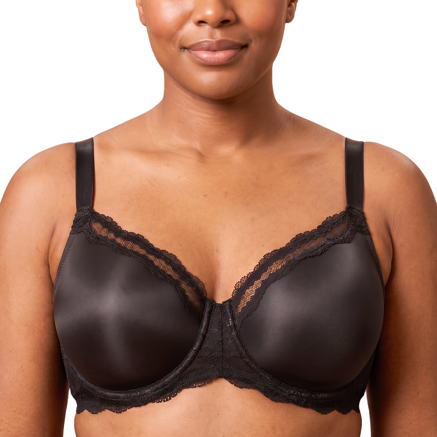 Woman wearing a black lace-trim underwire bra
