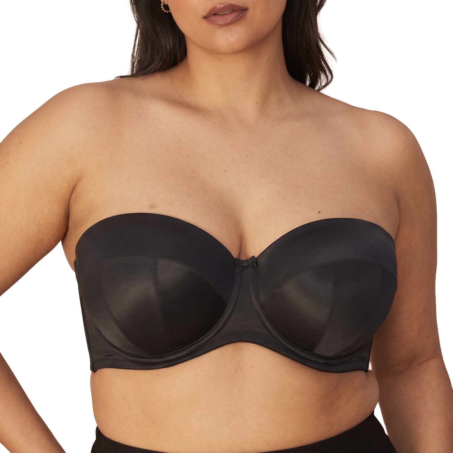 Woman wearing a black strapless bra
