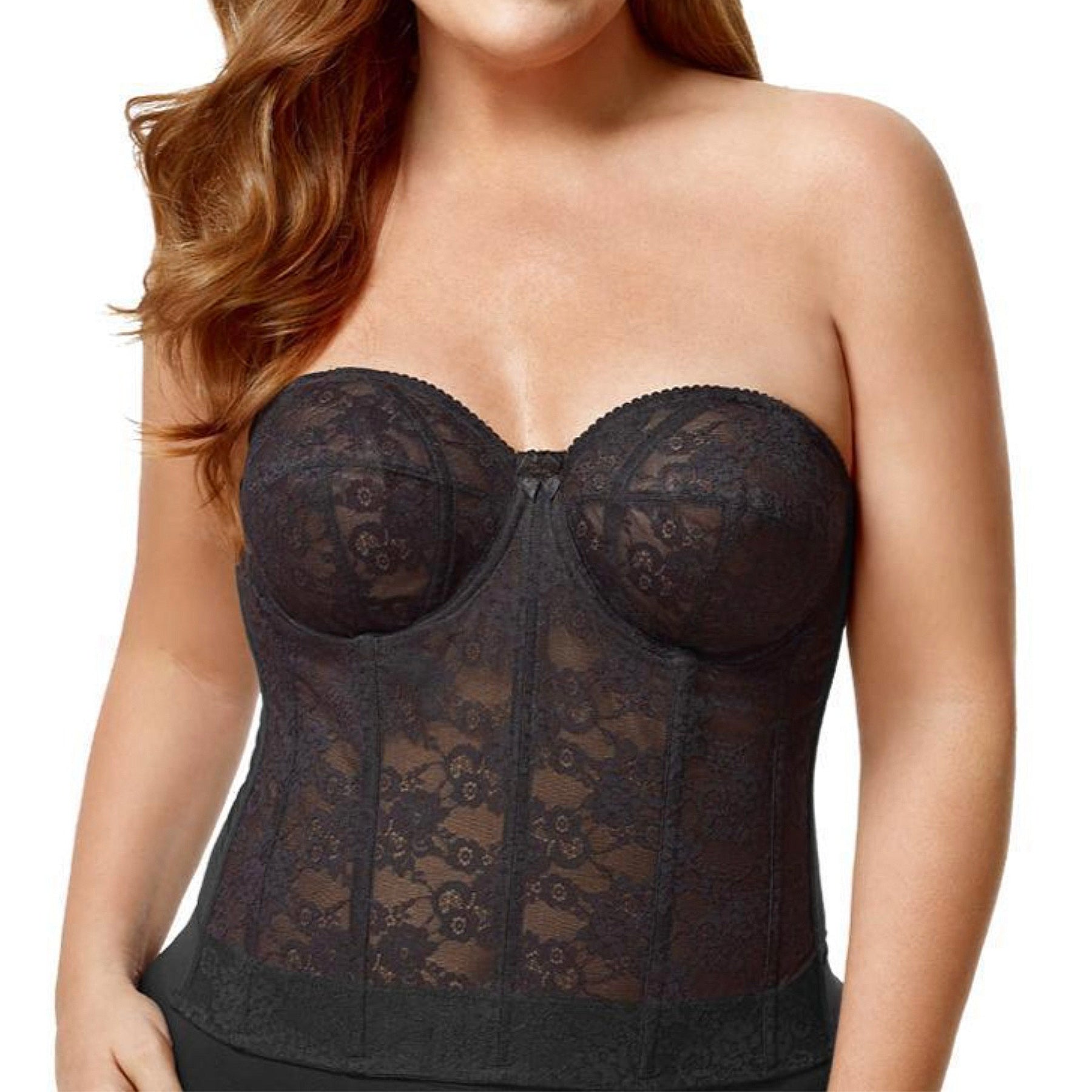 Elila Lace Strapless Longline Bra 6621 Black Front