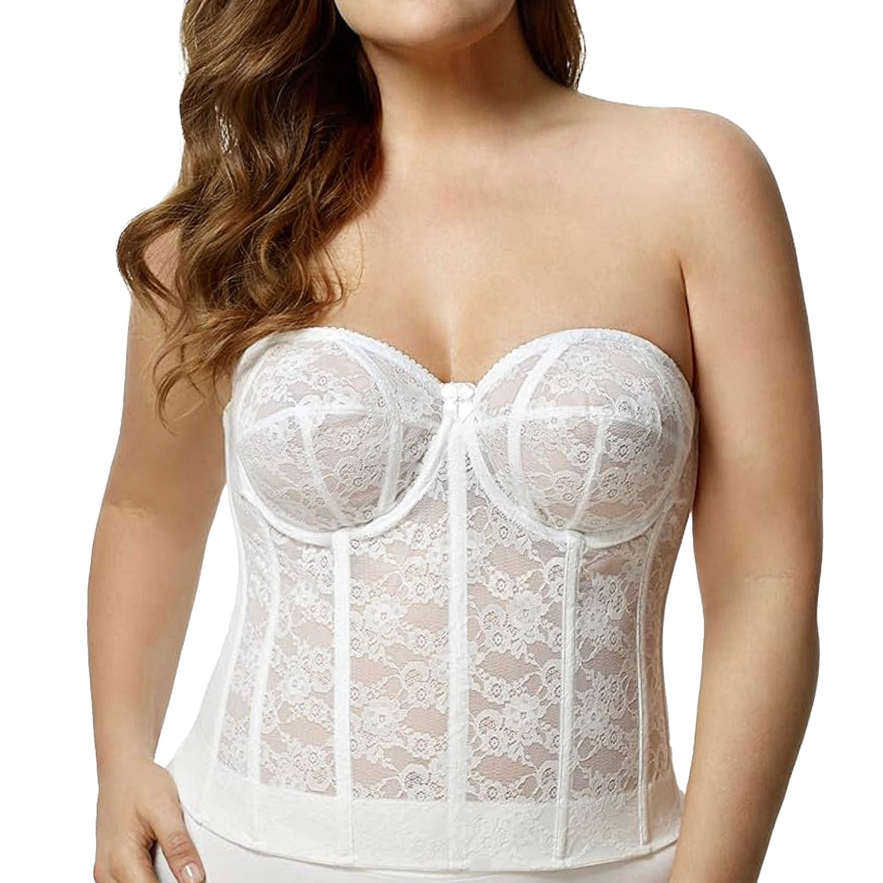 Elila Lace Strapless Longline Bra 6621 White Front